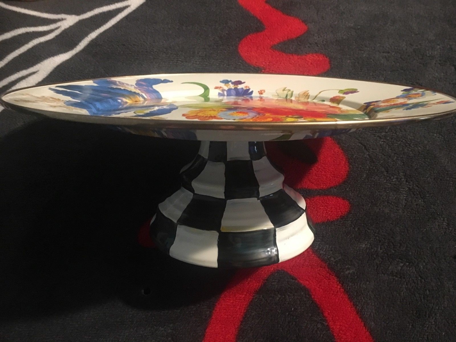 Mackenzie Childs Floral Courtly check Cake Stand carrier ( READ  BELOW )
