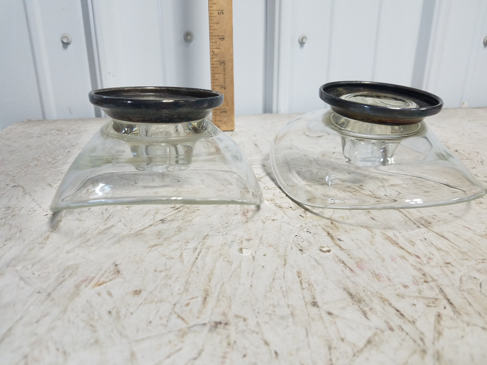 Vintage Glass Matching Candle Stick Holders Set of 2 With  Silver base