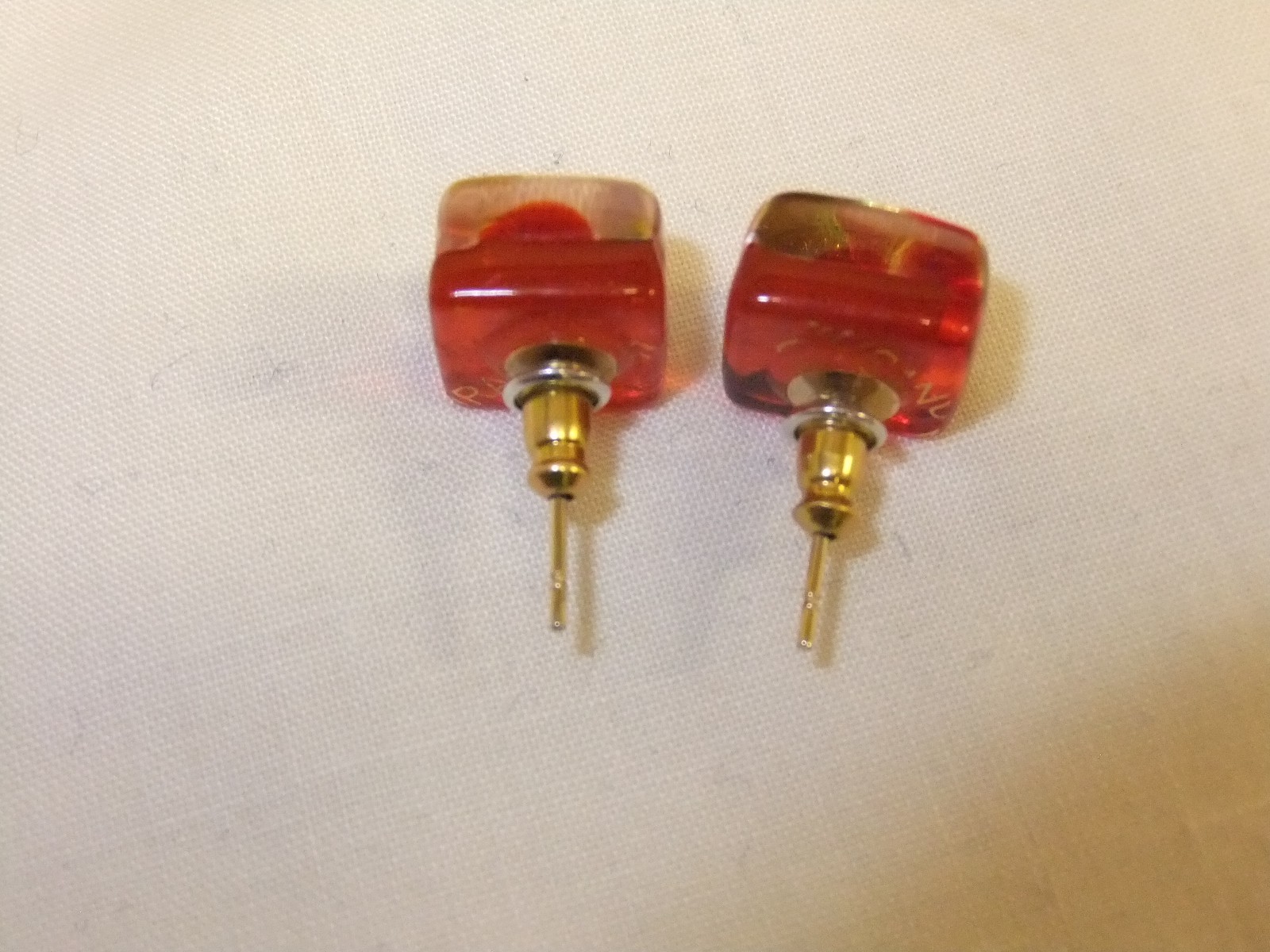 Red & Gold Handcrafted Square Murano Glass Stud Earrings