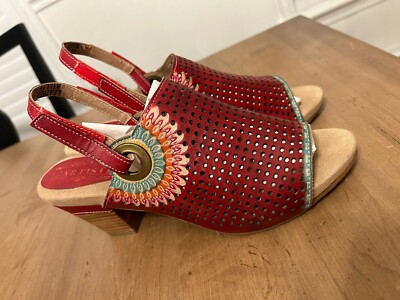 L'ARTISTE Spring Step Millie Sandals 40 - 9.5 Red Leather Boho Heeled Slingback