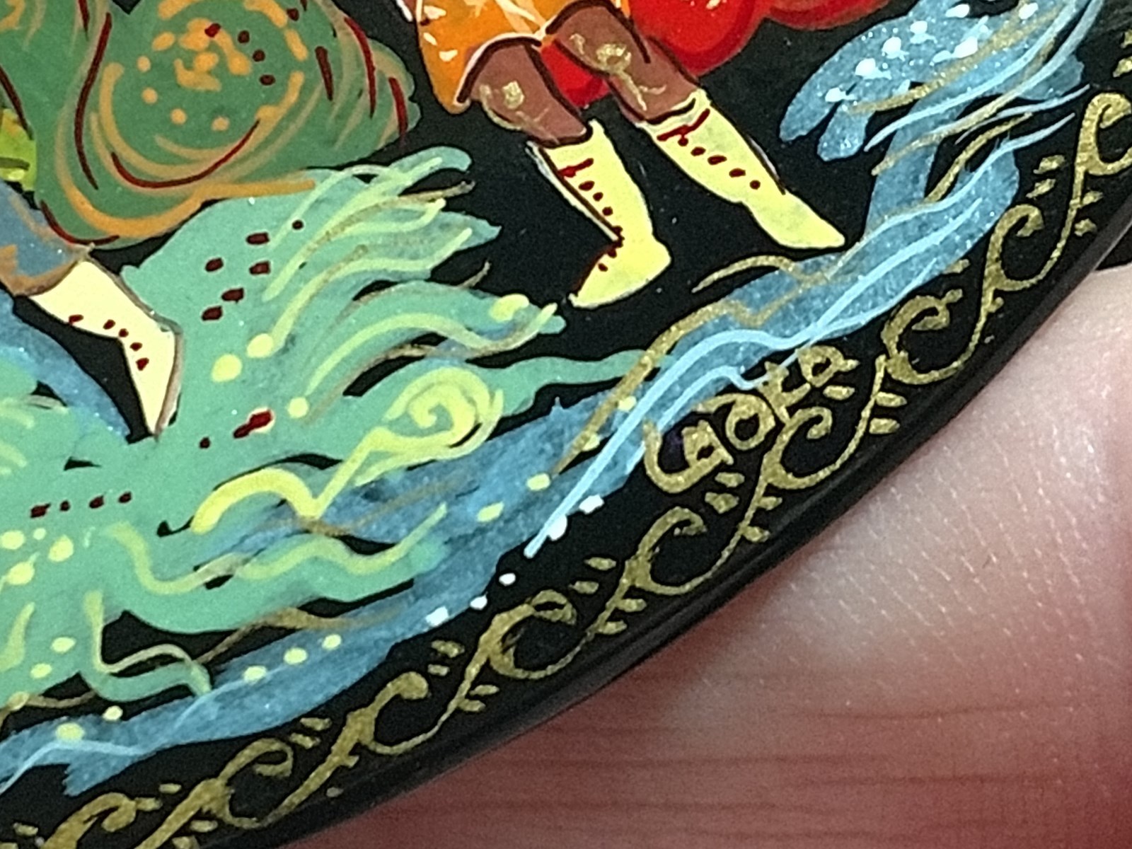 Russian Brooch Pin VTG Papier Mache Black Lacquer Signed FairyTale Hand Painted