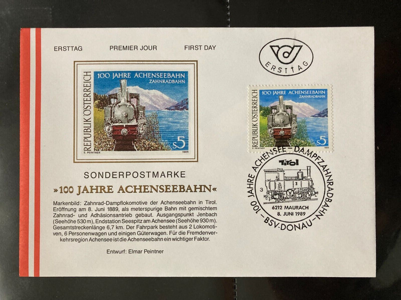 ÃSterreich 1989 Illustrierter Fdc 100 Jahre Achenseebahn