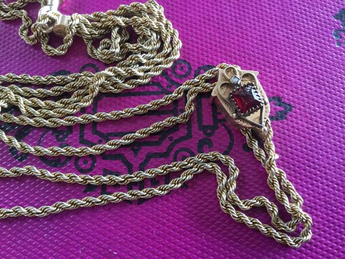 Antique vtg gold filled watch chain~large slide w pearl & red stone early 1900