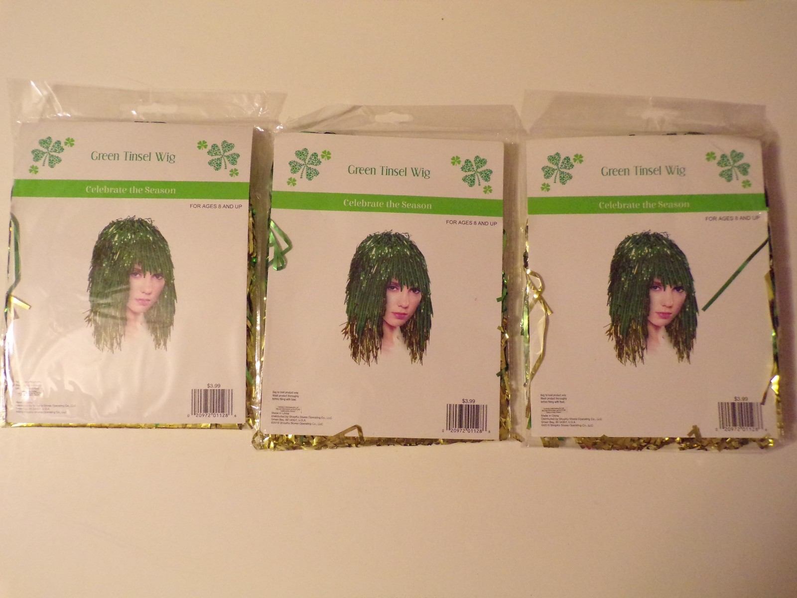 Three (3) Celebrate the Season St Patrick Green & Gold Tinsel Wig NEW age 8+