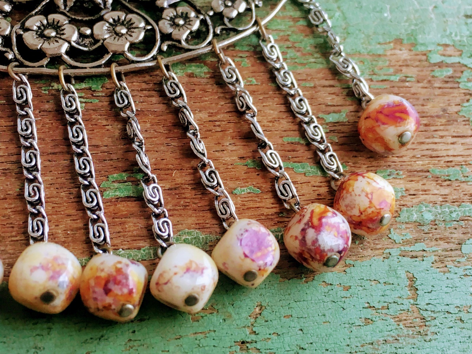 Vintage Art Deco Revival Floral Pendant With Glass Dangle Beads Silver tone