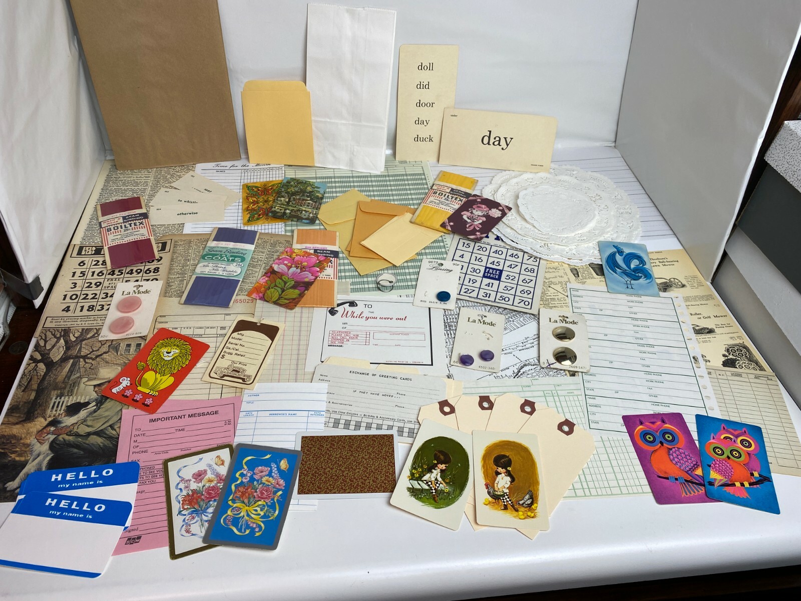 Junk Journal Ephemera Seam button vintage papers tag card doilies supplies Flash
