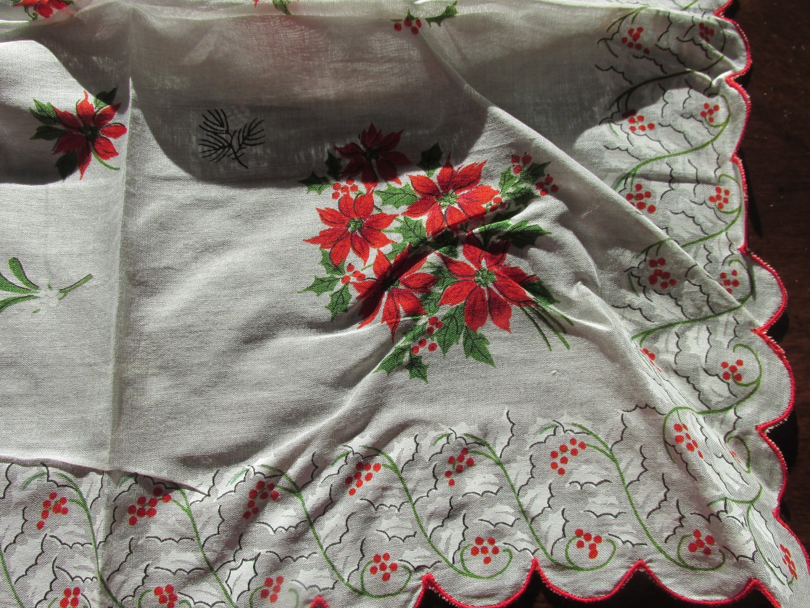 Vintage NIB Christmas Poinsettia Holly berryHanky Handkerchief doily