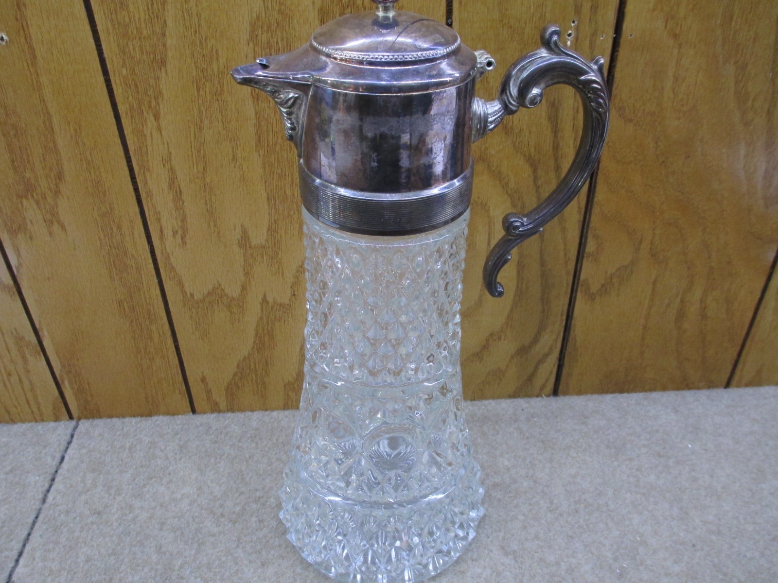 Vintage GLASS & SILVERPLATE Wine Whiskey Carafe Decanter Pitcher Ornate 14