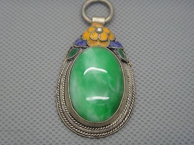 Collectibles Old Decorated Handwork tibet Silver Inlay Jade cloisonne Pendant