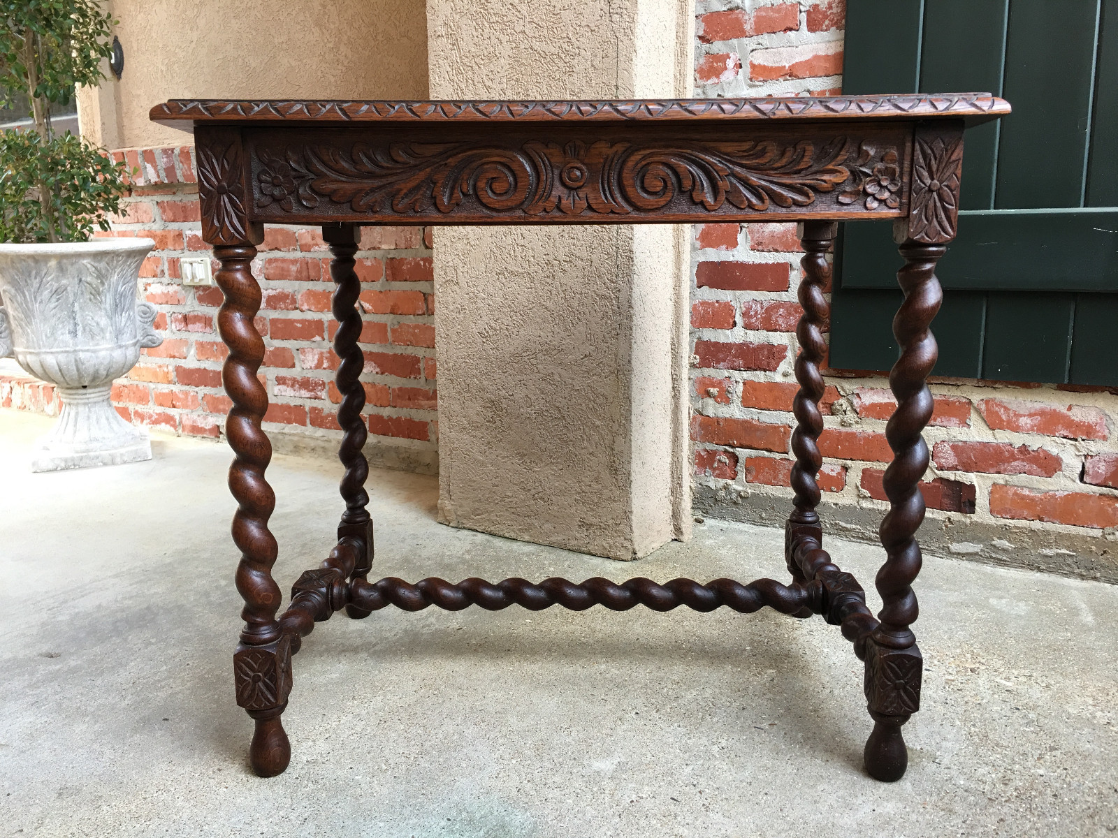 Antique English Carved Oak Barley Twist Side Table End Table Nightstand