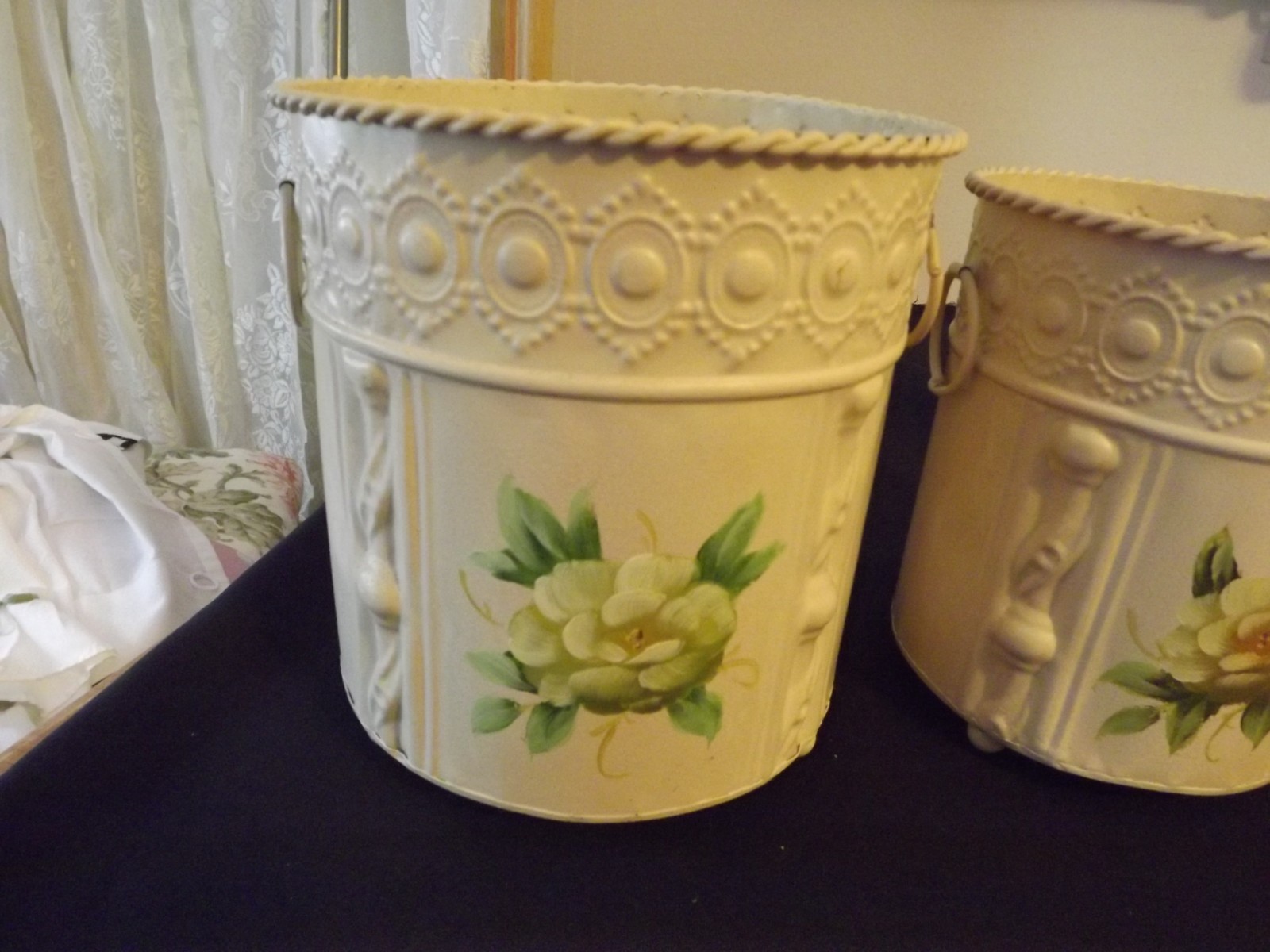 SET OF 3 METAL HANDPAINTED CONTAINERS FLORAL planters STORAGE SHABBY DECOR