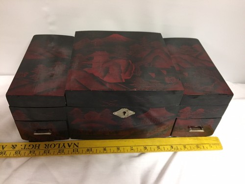 Antique VTG Black Lacquer Musical Jewelry Box Asian Hand Painted Drawers Mirror