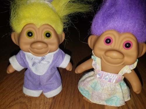 Vintage 1991 TNT Troll Doll Lot Yellow Hair Easter Bunny Purple Hair Dress