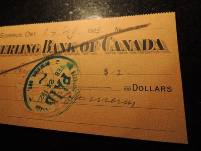 STERLING BANK OF CANADA LARGE CHEQUE CHECK GODERICH ONTARIO $12.00 1925 JULY 24