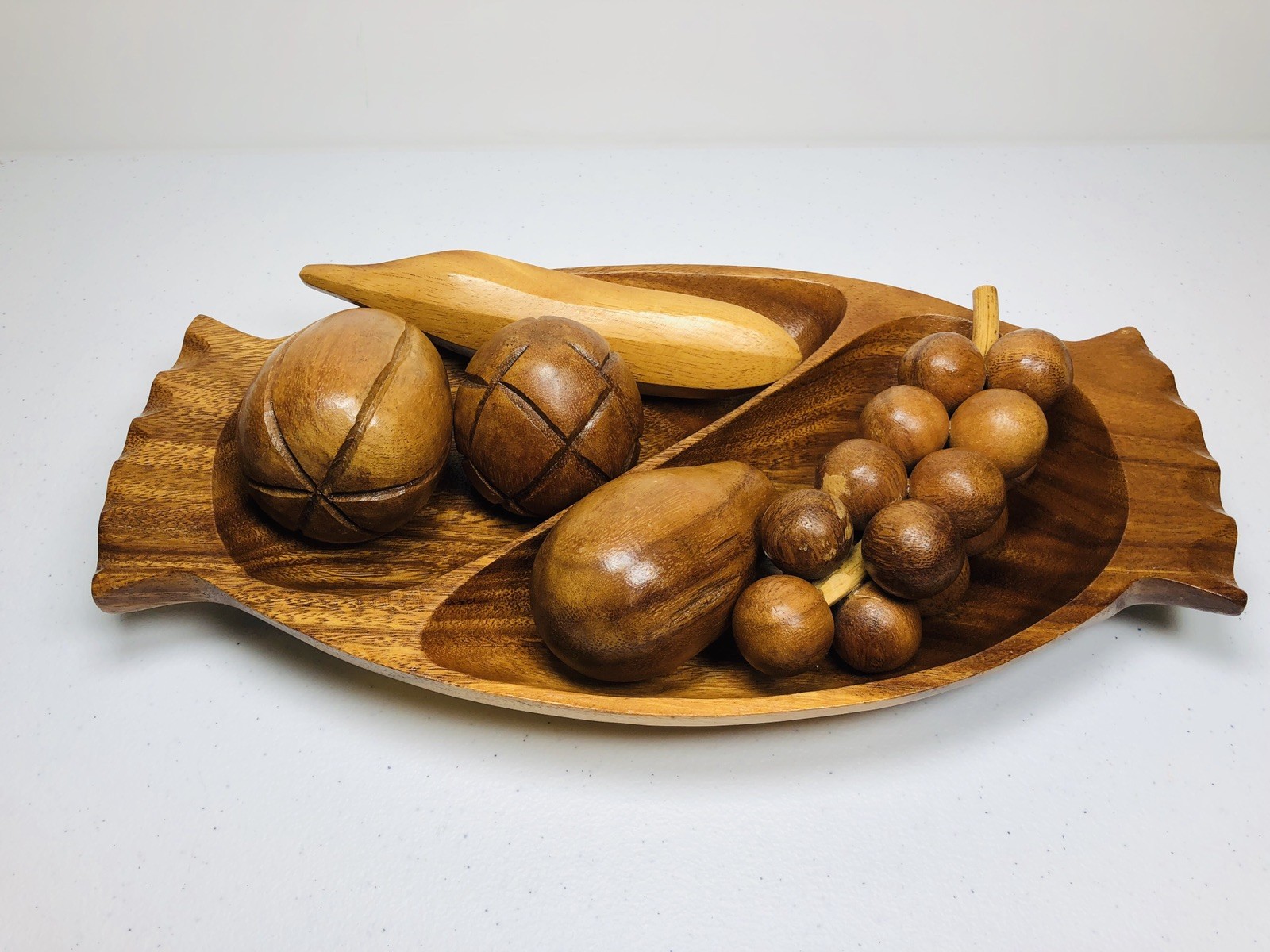 Monkey Pod Carved Wood Fruit Vintage Divided Bowl 6 Pc Set Handmade Mid Century