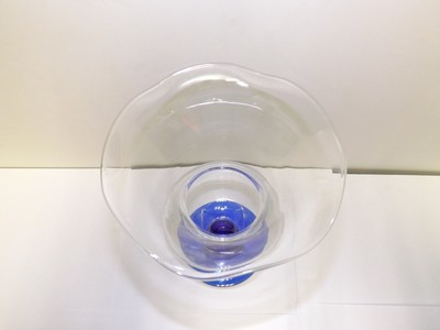PH MARKED COBALT BLUE AND CLEAR GLASS RUFFLED RIM VASE