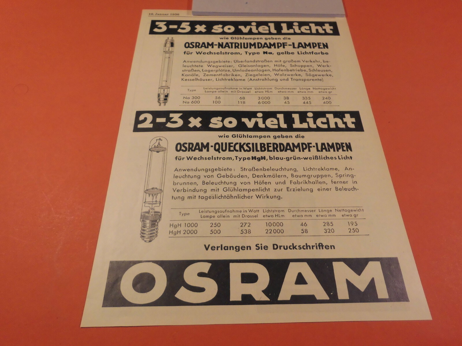 OSRAM Natriumdampf-Lampen, OSRAM Quecksilberdampf-Lampen... :Werbeanzeige 1936