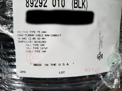 Belden 89292 RG-11/U 14awg Solid 75Ohm Coaxial Cable Plenum FFEP/FEP Blk /25ft