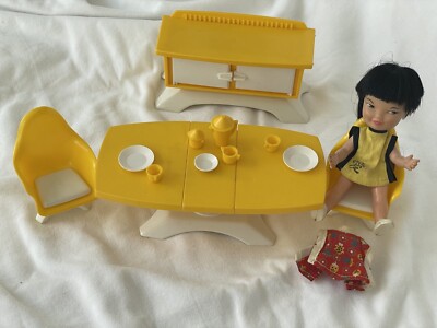 VTG REMCO JAN Pocketbook Doll w/working KARATE arm, clothing, DINING DISHES SET