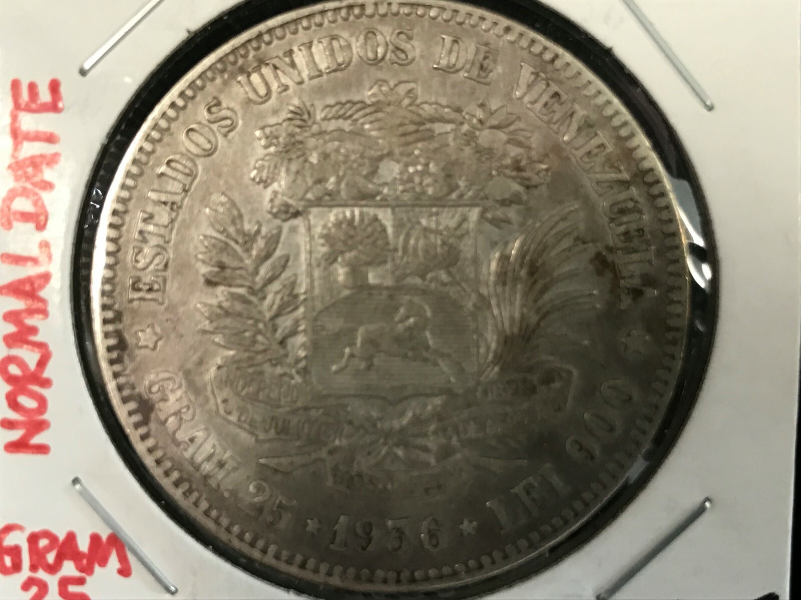 1936 Venezuela 5 Bolivare 25 Grams VF