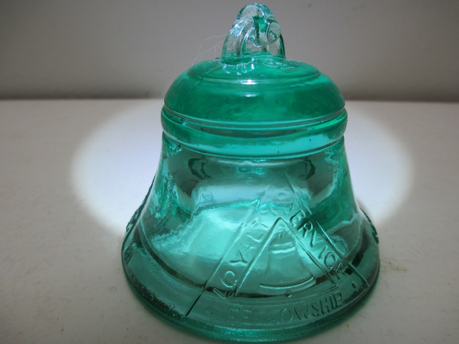 Vintage Telephone Pioneers of America Glass Bell Paperweight Teal Green 1989