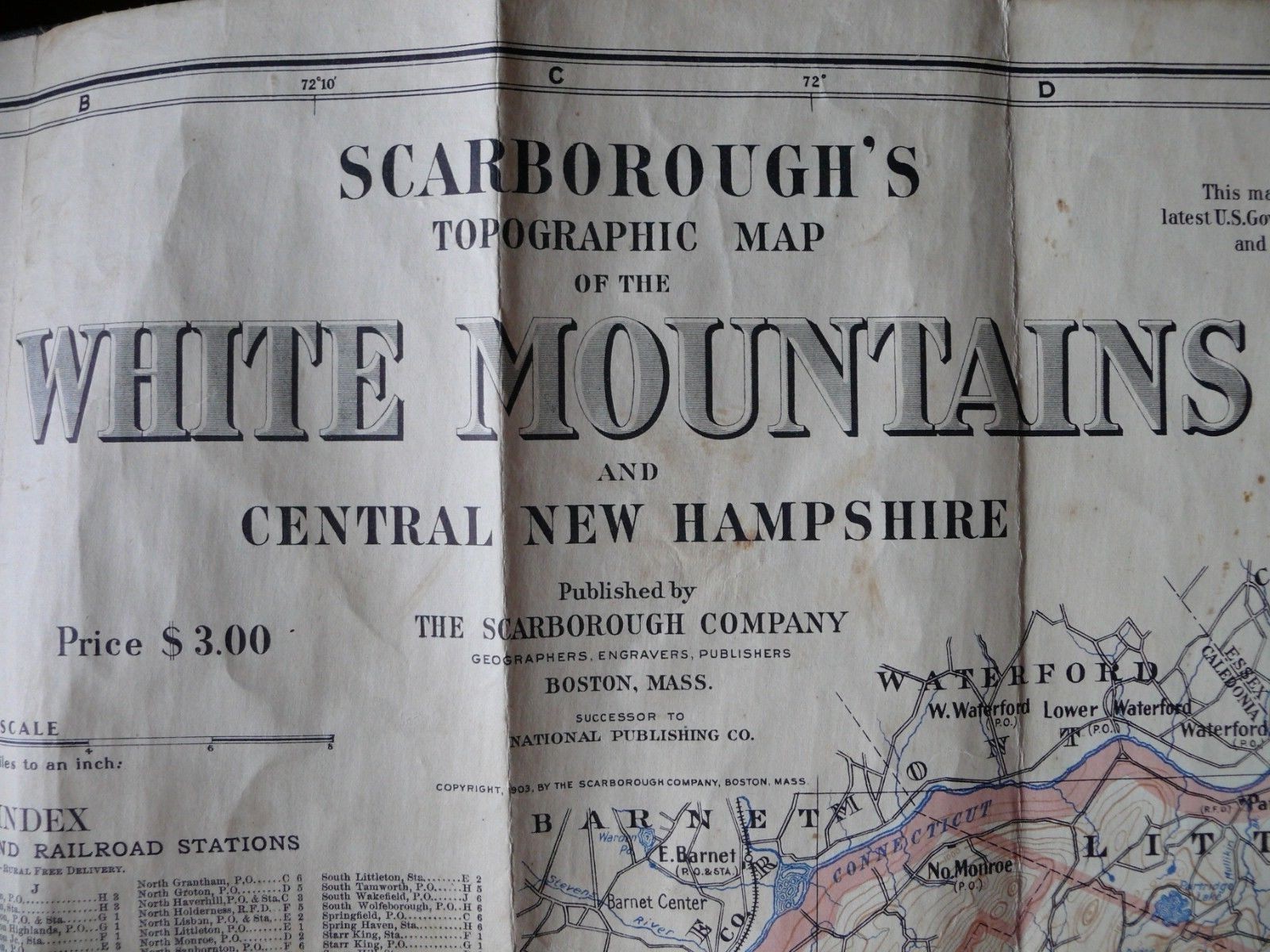WHITE MOUNTAINS & CENTRAL NEW HAMPSHIRE TOPOGRAPHICAL MAP by Scarborough 1903