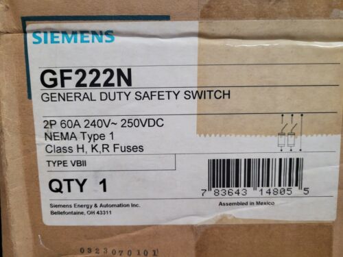 Siemens GF222N 2P 3W 60A 240V N1 Fusible Safety Switch New