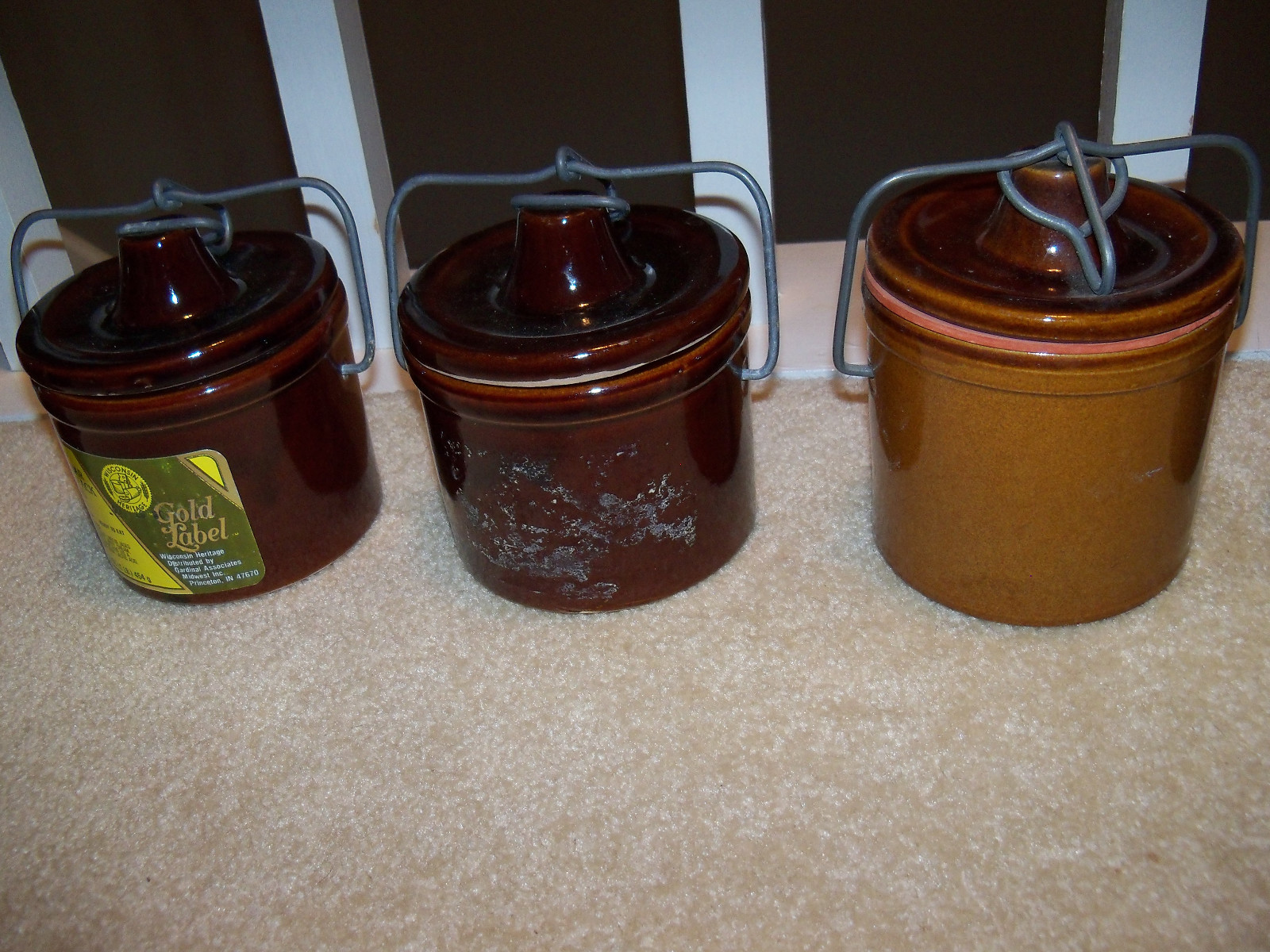 Lot of 7 Vintage Cheese Crocks Wire Latching Lids Brown