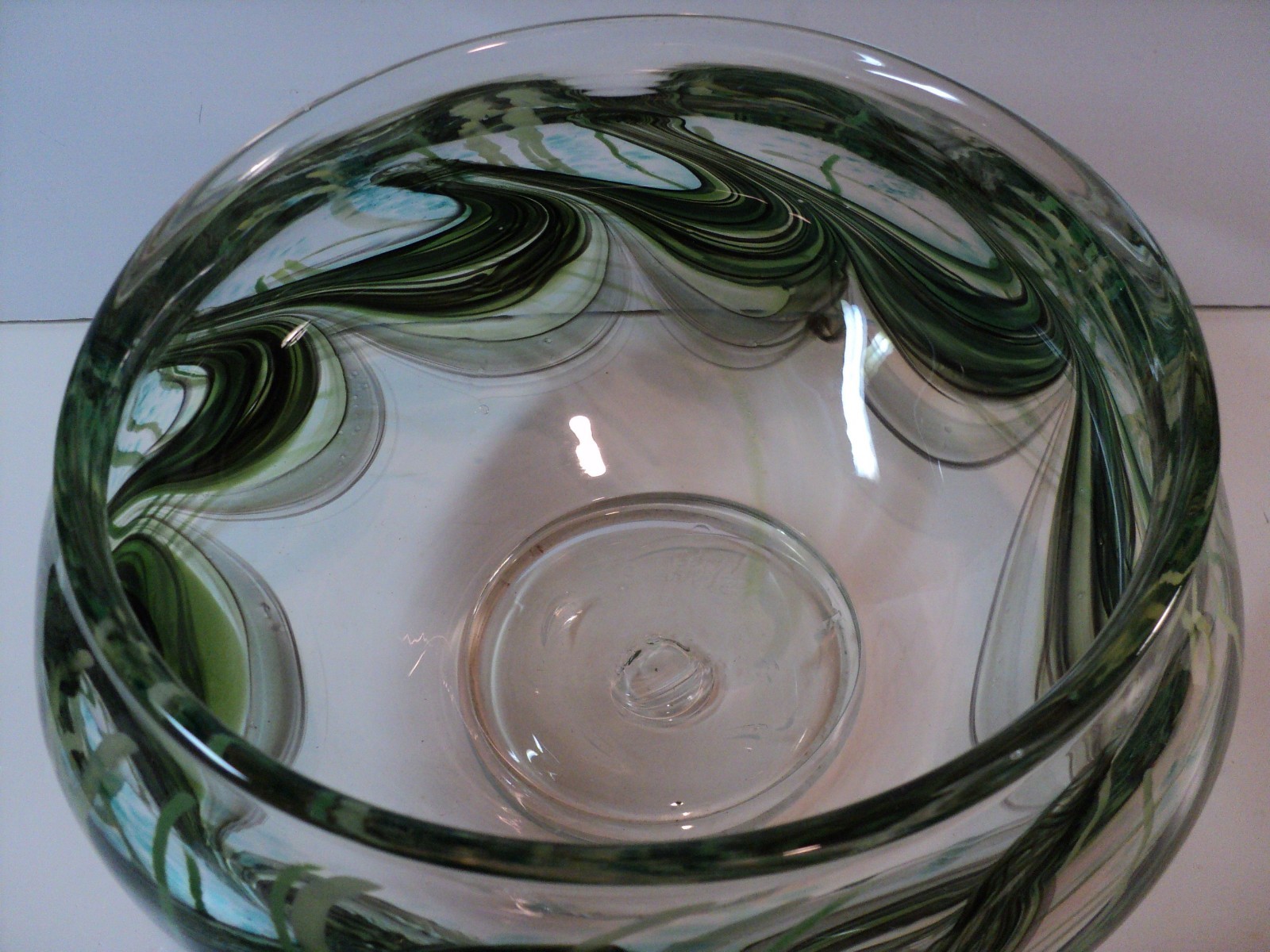 Large Hand Blown Glass Bowl. Free State Studios Kansas. Heavy, Clear & Green