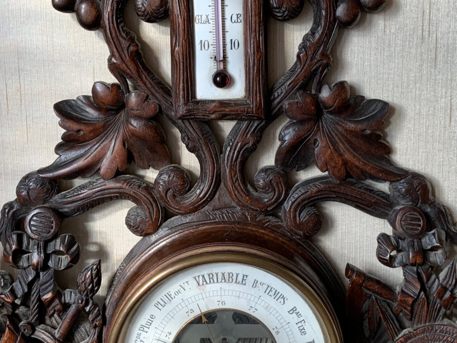 Lovely Antique French Carved Wooden Barometer/Thermometer, not working