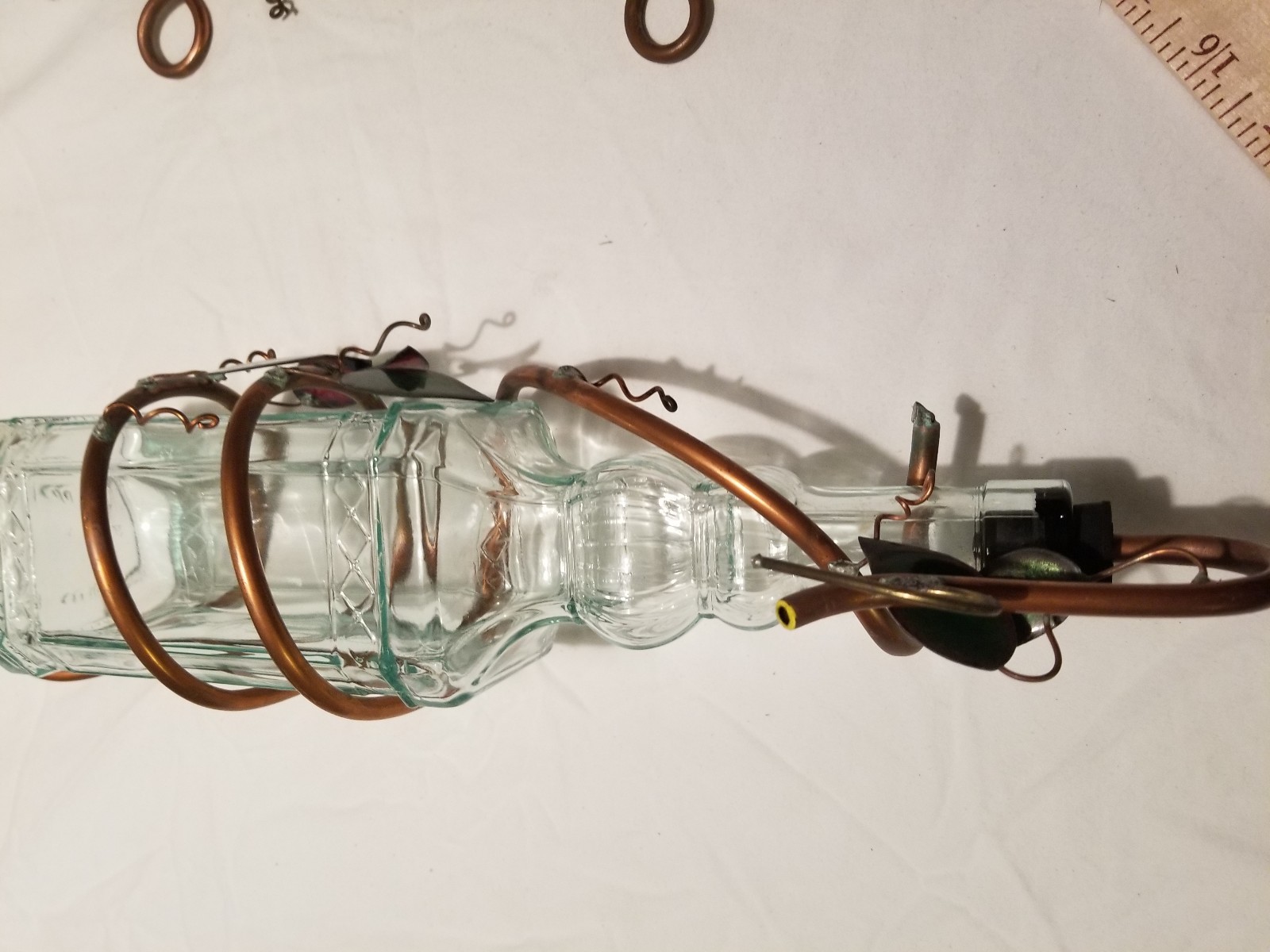 Bottle Hummingbird Feeder with Bee Guards - Light Green Glass, Copper