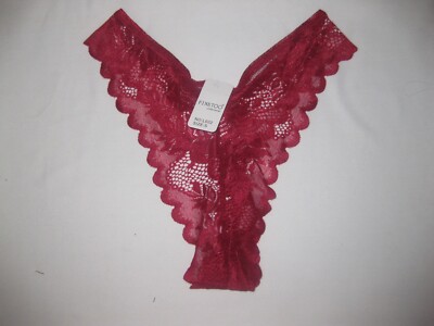 Finetoo 80's aesthetic sheer lace hi-leg cut thong panties S burgundy vaporwave