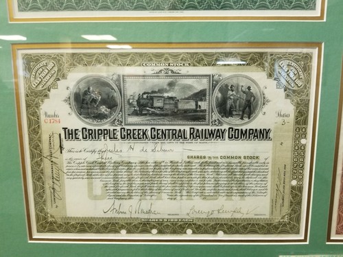 CRIPPLE CREEK, CO railway and GOLD mining certificates, framed and prestine