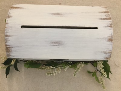 WEDDING CARD HOLDER CHEST WHITE DISTRESSED WITH WHITE FLORAL DECORATIONS
