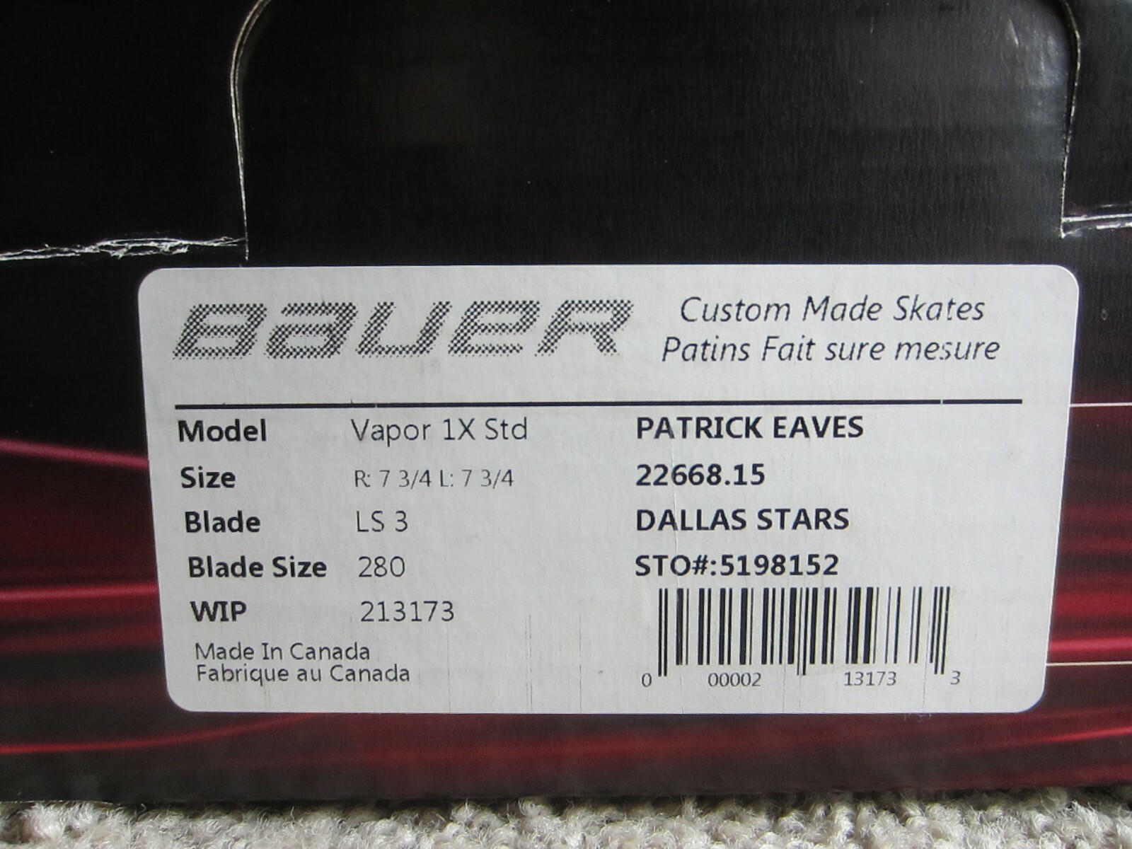 New in box Bauer Vapor 1x Pro Stock skates Sz 7 3/4 Patrick Eaves Dallas Stars.
