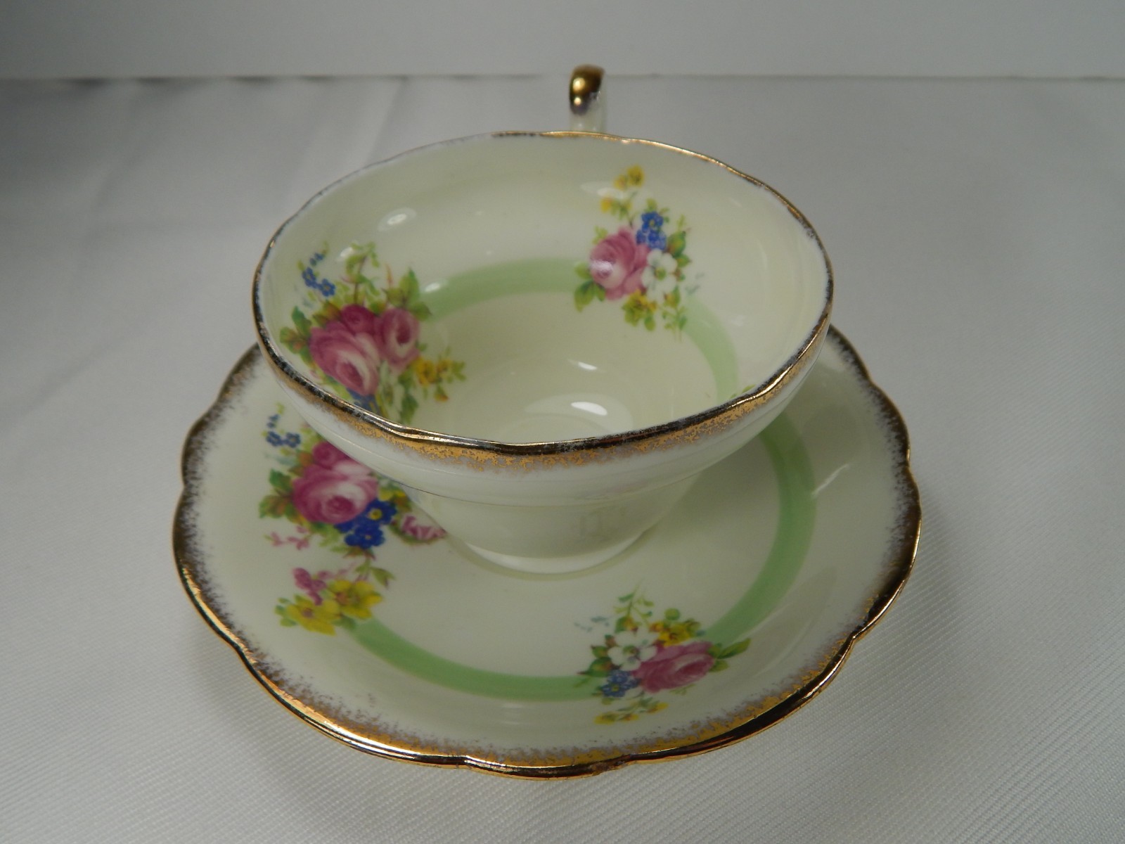 Vintage Foley Tea Cup and Saucer. Green Stripe Rose Bouquet Pattern.