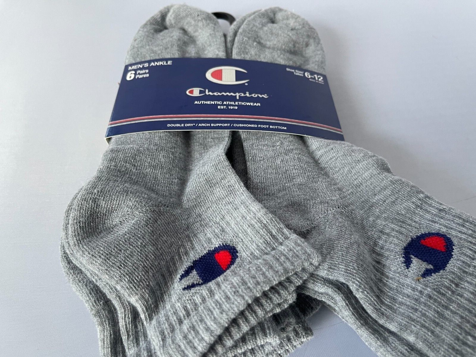 Champion Men's  6-Pair Ankle Socks Shoe Size 6-12 White,Black or Gray MSRP $19