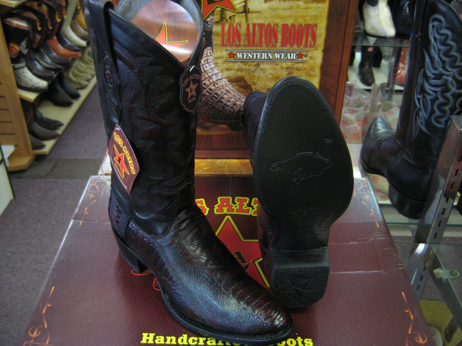 Pre-owned Los Altos Boots Los Altos Men Cherry Genuine Ostrich Leg Round Toe Western Cowboy Boot 650518 D