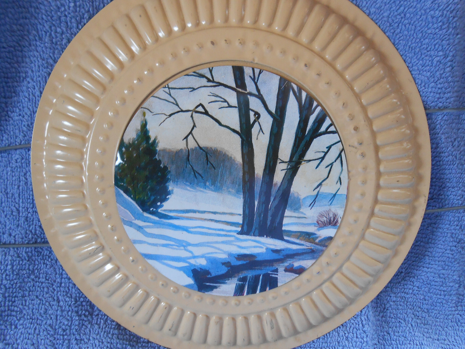 Antique Tin Decorative Chimney Flue Cover Snow/River/Field  