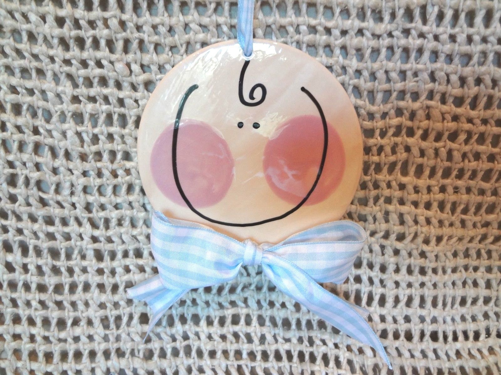 BABY BOY NURSERY ROUND CERAMIC WALL PLAQUE TILE / TRIVET ART with BOW ~ NEW