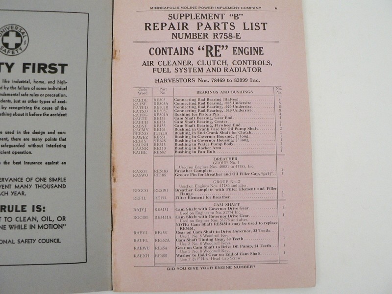 VTG Minneapolis Moline Harvester G G-2 G-3 Service Repair Parts List Catalog