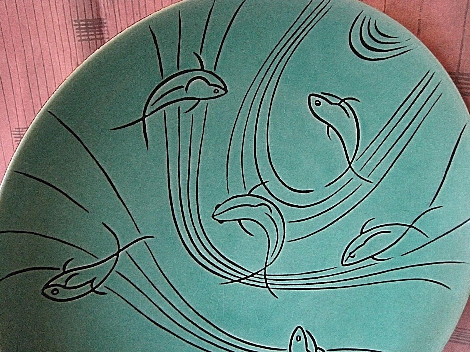 LARGE RETRO1950'S STYLE DECORATIVE BOWL AQUA COLOR WITH DOLPHINS, 14
