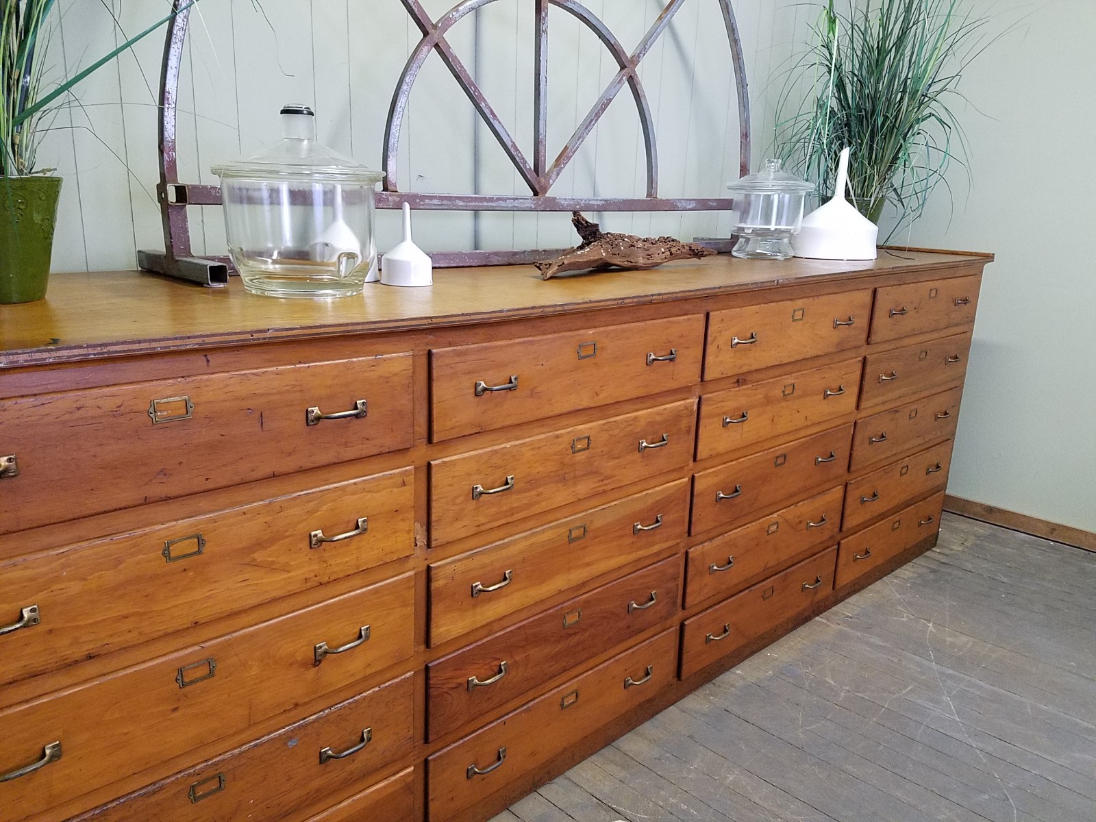 Large 11 Ft Antique Industrial Twenty Drawer Merchantile Cabinet