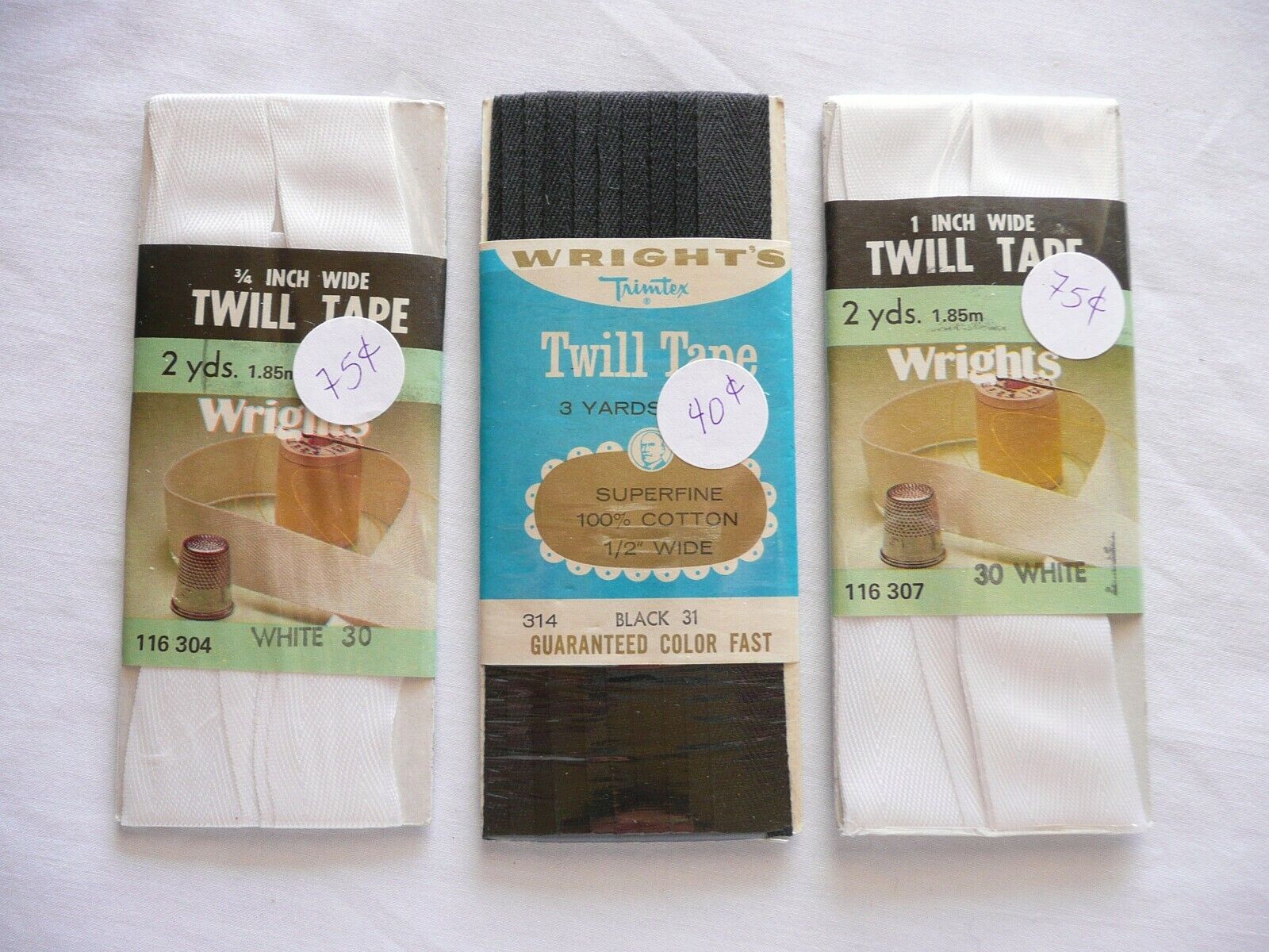 Lot of 3 Sewing Twill Tape * Wrights * White 30, Black 31