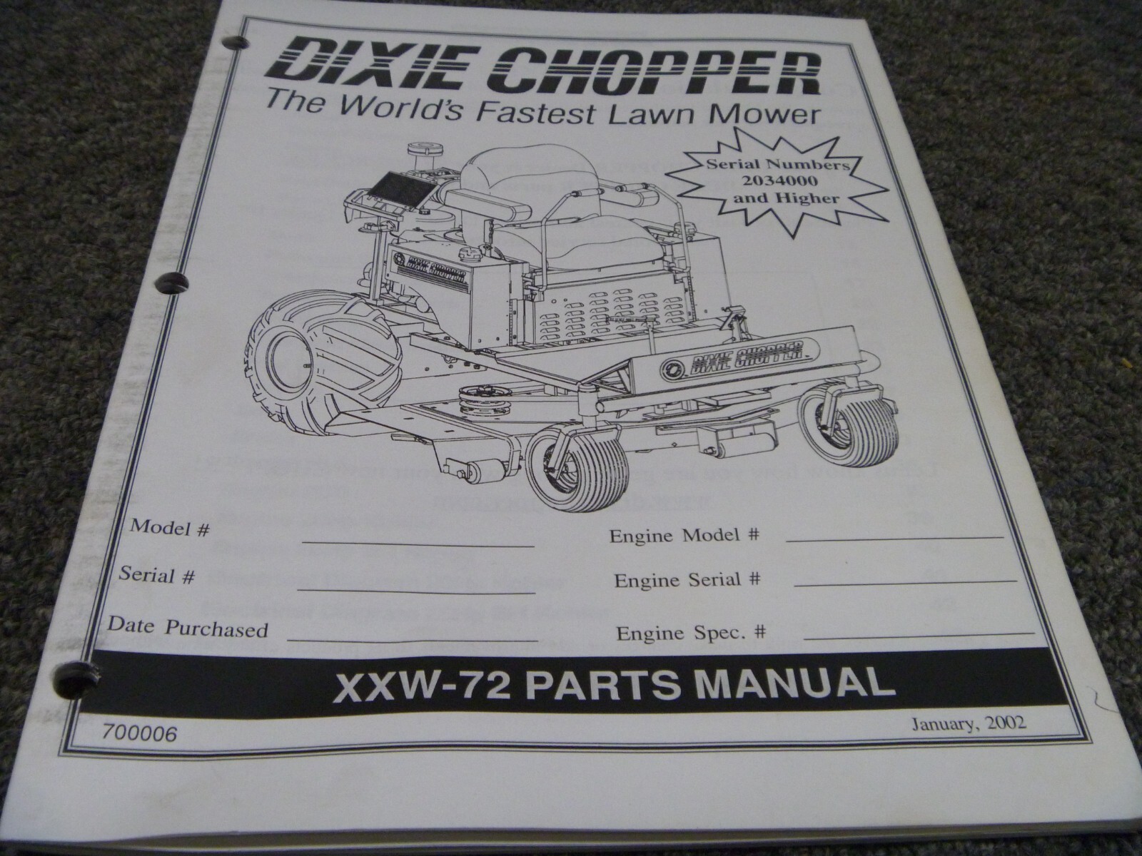 Dixie Chopper XXW-72 Zero Turn Mower Parts Catalog Manual S