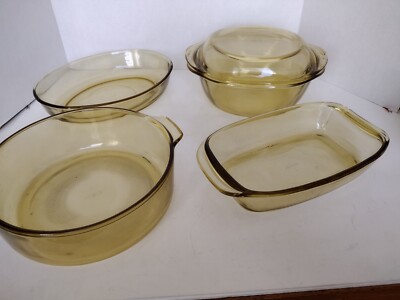 VTG 5 pc Glass Amber 2qt round, 10'' oval, meatloaf  6x9, Casserole Baking Dish