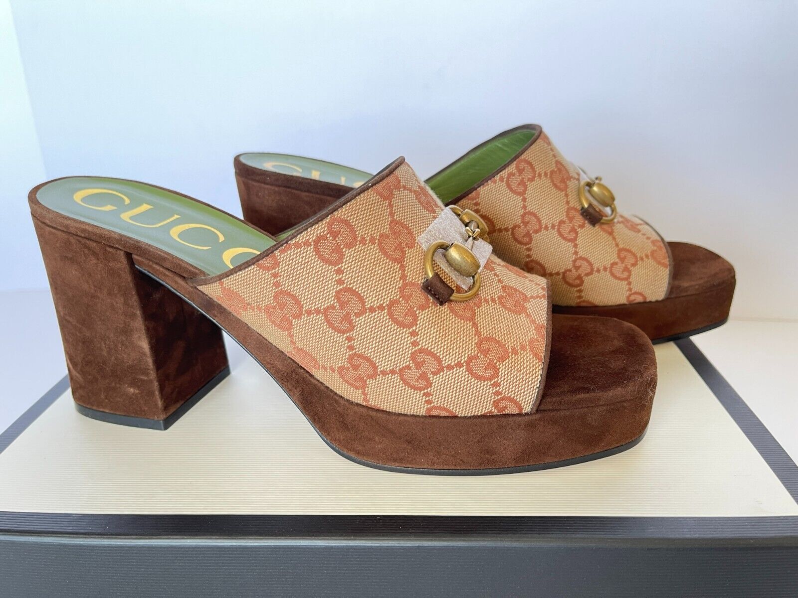 Gucci Houdan GG Supreme CanvasHorsebit Platform Sandal Mules Gucci Houdan GG Supreme CanvasHorsebit Platform Sandal Mules