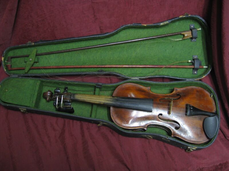 Antique marked Hopf Violin & case & 2 bows  may need work
