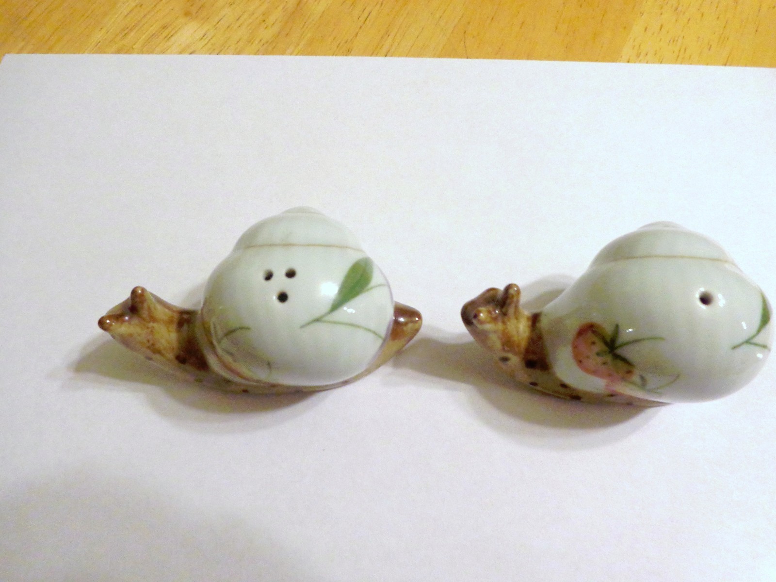 CERAMIC HAND CRAFTED SNAIL SALT AND PEPPER SHAKERS- PLUM, STRAWBERRY