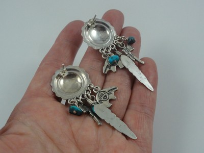 Estate Unmarked Sterling Silver Concho Feather Bear Tomahawk Earrings Turquoise